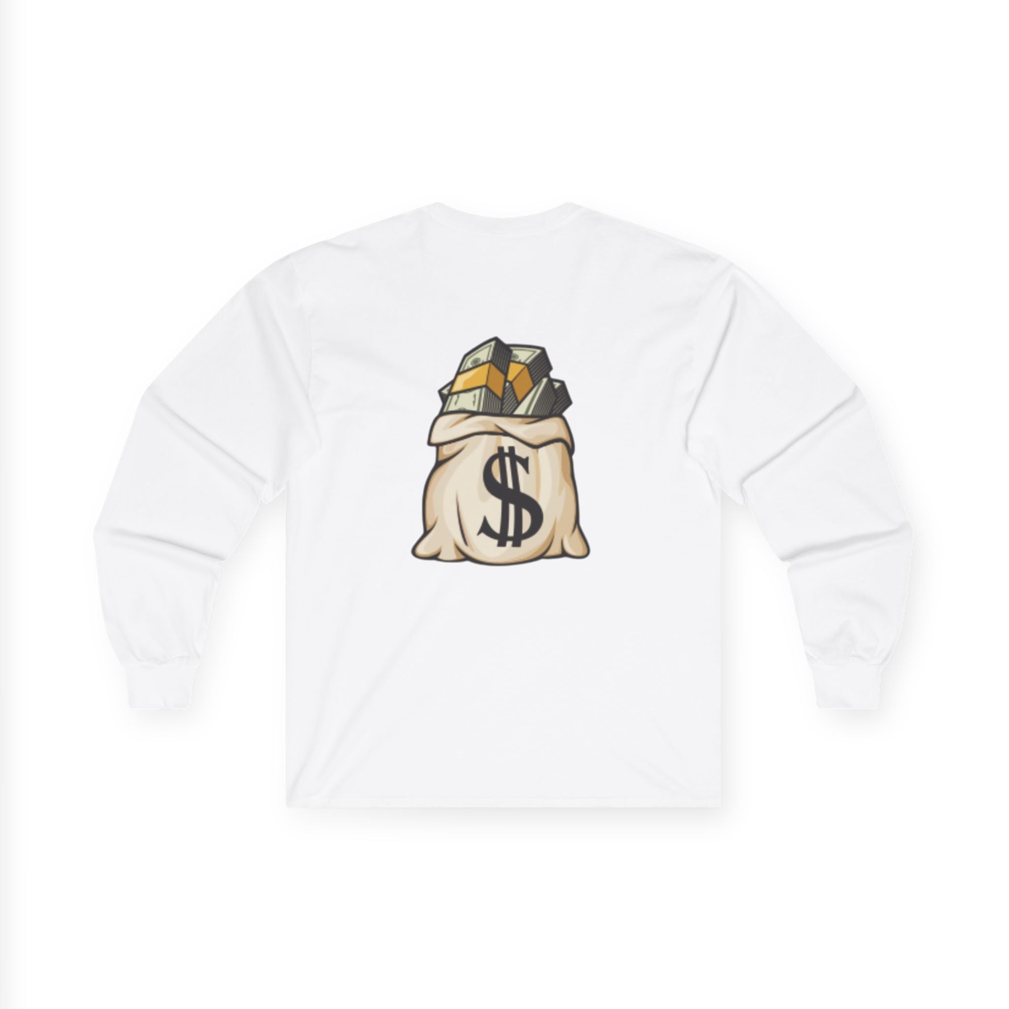 Money Bag Graphic Long Sleeve Tee — “just me and my millions”